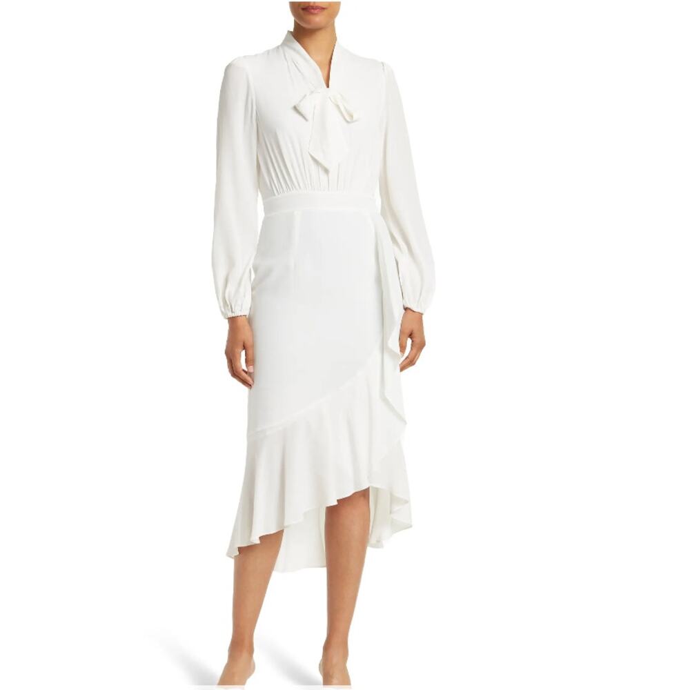 DVF Agna Tie Neck Long Sleeve Midi Dress White